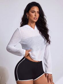 Slayform Women's Solid Color Long Sleeve Back Cutout Hooded Sports Sweatshirt - White - View 6