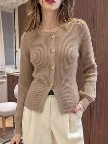SHEIN PariChic Casual Loose Round Neck Long Sleeve Knitted Cardigan With Metal Button Shoulder Decor, Khaki Color, Women's Spring/Autumn - Khaki - View 1