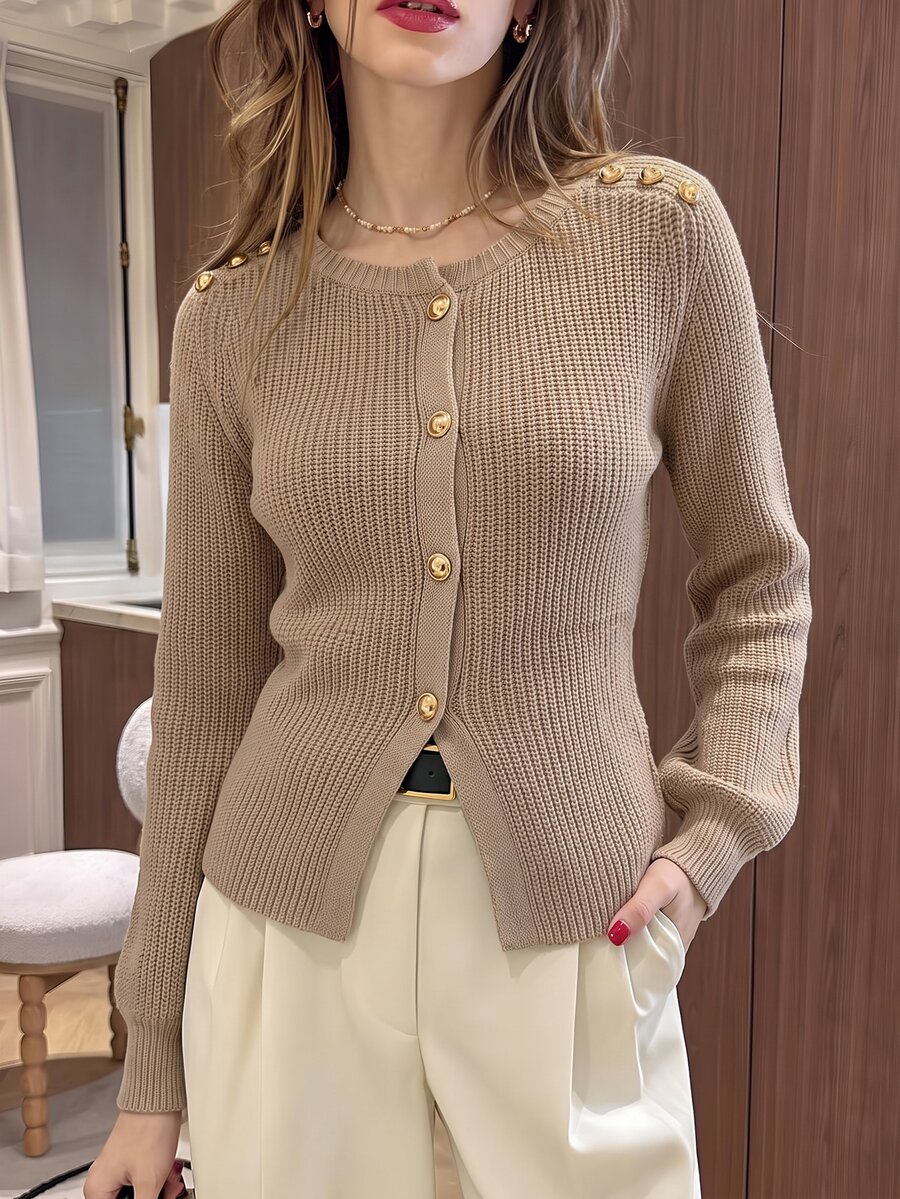 SHEIN PariChic Casual Loose Round Neck Long Sleeve Knitted Cardigan With Metal Button Shoulder Decor, Khaki Color, Women's Spring/Autumn - Khaki - View 1