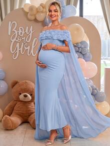 Loomaby Maternity 3D Floral Decor Off-Shoulder Elegant Party Dress - Blue - View 8