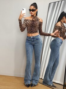 Jeanoix Plus Size Women's Y2K Retro Casual Slim Fit Flare Leg Denim Jeans With Pockets - Dark Wash - View 4
