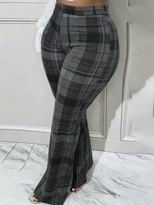 Maweii 大尺碼女款格紋休閒日常穿著長褲 - 深灰色 - 查看 1