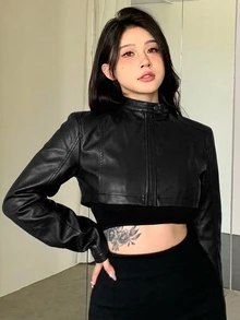 Joudiya 春秋立領短款PU皮革夾克休閒街頭風性感外套 - 黑色 - 查看 3