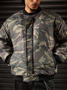 ROMWE MEN Street Life Jaket Musim Dingin Pria Model Baseball Kerah Kamuflase dengan Resleting - Hijau - View 5
