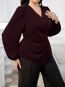 Modelyn Plus Size Women's Solid Color Overlap V-Neck Long Sleeve Ruched Asymmetrical Hem Blouse - Burgundy - View 7
