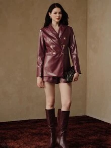 Anewsta Women's Metal Button PU Blazer Long Sleeve Jacket & Shorts Set, Fashionable Minimalist, Daily Commute, Autumn/Winter Outfit, Modern Style - Burgundy - View 1