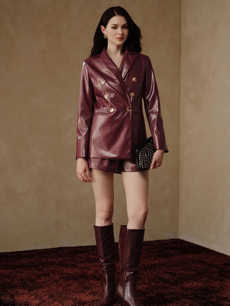Anewsta Women's Metal Button PU Blazer Long Sleeve Jacket & Shorts Set, Fashionable Minimalist, Daily Commute, Autumn/Winter Outfit, Modern Style - Burgundy - View 1