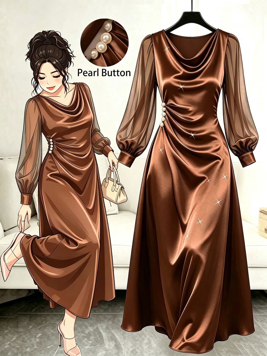GlowEve CURVE Women's Solid Color Cowl Neck Pearl Button Decor Long Sleeve Elegant Dress - Brown - View 1