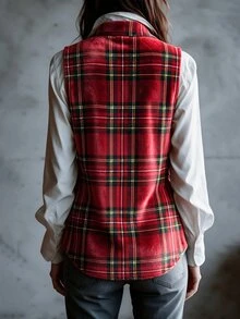 SHEIN 女款休閒學院風格紋翻領背心外套，紅色格紋，感恩節聖誕節適用，秋冬日常穿著、上學穿搭 - 紅色 - 查看 2