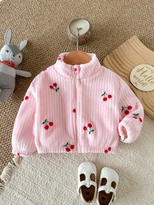 SHEIN 女嬰可愛百搭休閒毛絨碎花長袖冬季外套 - 粉色 - 查看 3