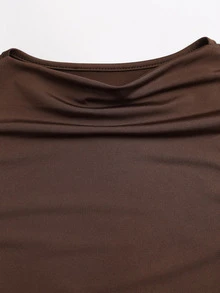 Sweetra Women's Fashion Pleated Round Neck Flare Sleeve Ruched Waist Asymmetric Hem Contrast Lace Coffee Color Versatile T-Shirt - Coffee Brown - View 4
