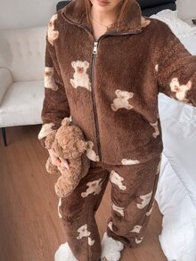 Napfluff طقم بيجامة نسائي من القطيفة بطبعة دب لطيفة - بني - مشاهدة 7