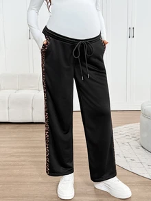 SHEIN Maternity Leopard Print Colorblock Adjustable Waist Casual Everyday Sweatpants - Grey - View 7