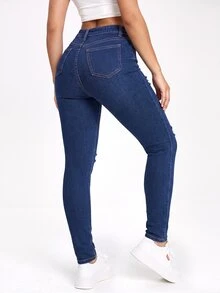 SHEIN EZwear 黑色斜口袋破洞緊身牛仔褲 - 藍色 - 查看 2