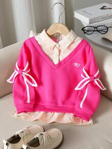 Genkimix Kids 女童粉色拼接蝴蝶結二合一衛衣，適合嬰兒洗禮、7歲生日、秋季公主仙女風 - 玫紅色 - 查看 1