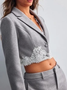 Willow Rêve Jaket Pendek Wanita Motif Renda Patchwork Campuran Wol Abu-abu - Grey - View 5