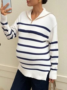 SHEIN Maternity Striped Drop Shoulder Long Sleeve Zipper Design Casual Nursing Sweater - Multicolor - View 6