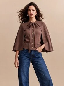 CielaLinda Women's Brown Ruched Cape Knit Cardigan, Tie Front Bow Button Sweater - Brown - View 5