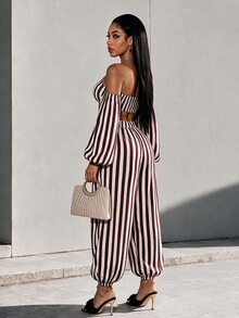 Eryvara Women's Brown Striped Pattern Cropped Tube Top And Loose Jogger Pants 2 Pieces Set, Suitable For Summer Tropical Vacation Wear. - Multicolor - View 2