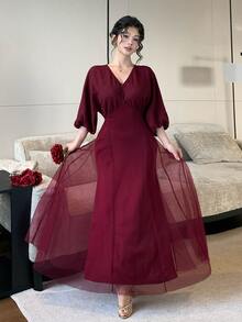 DAZY Women's Vintage Long V-Neck Mesh Dress - Burgundy - View 5