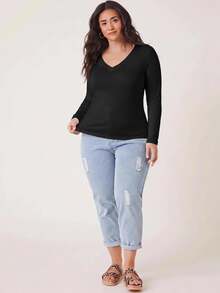 EMERY ROSE Plus Size Women V Neck Black Long Sleeve Fleece Thermal Shaping Tee Fit T-Shirt Fall/Winter Warmth - White - View 10