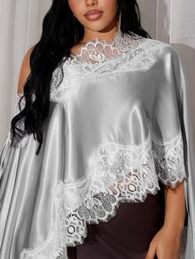 Rustia Plus Size Solid Color Elegant Minimalist One-Shoulder Sexy Asymmetrical Hem Lace Patchwork Loose Blouse For Women - Light Grey - View 7