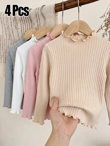 4pcs Baby/Toddler Autumn/Winter Cotton Ribbed Solid Color Ruffle Long Sleeve Tops, Cute T-Shirt Undershirts For Spring/Autumn, Versatile Fashion Tops - Multicolor - View 5