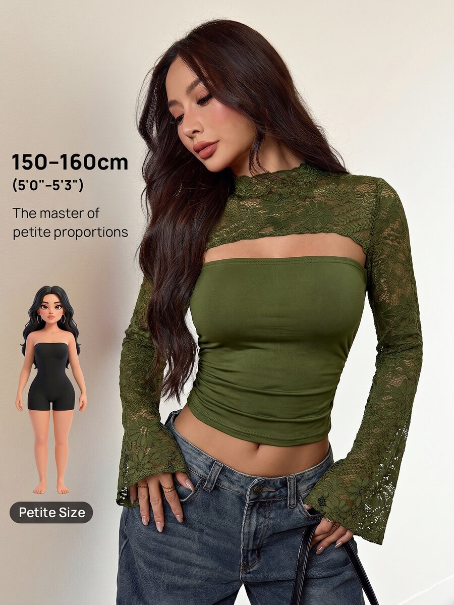 SHEIN PETITE Women's Contrast Lace Hollow Design Long Sleeve Slim Fit Top - Army Green - View 1