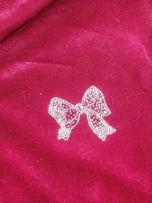 SHEIN 青少年女孩秋冬休閒時尚天鵝絨蝴蝶結水鑽連帽拉鍊運動衫與修身喇叭褲兩件套 - 玫紅色 - 查看 7