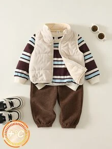 SHEIN 3pcs/Set Baju Bayi Laki-laki Musim Gugur/Dingin Kasual Bergaris Jaket Rompi Tebal Celana Panjang, Set Baju Sweatshirt, Set Bayi, Set Musim Gugur/Dingin, Set Mantel, Set Ski - MultiWarna - View 3