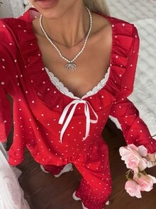 SHEIN طقم ملابس منزلية نسائي بنقاط حمراء، كشكشة حلوة، فضفاض، بأكمام طويلة - الأحمر - مشاهدة 6