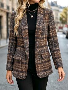 SHEIN Women's Fashion Tweed Plaid Buttonless Cardigan Jacket, Casual Blazer For Autumn/Winter, Suitable For Daily Commute, Outings, Workplace Wear - Brown - View 6