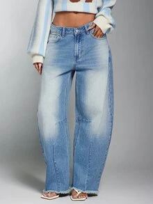 Denimoi Raw Edge Washed Barrel Jeans Everyday Wear Casual Fashionable Streetwear Jeans Cool Girl - Light Wash - View 4