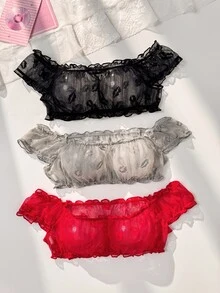PetitDoll 女款唇形提花網紗內衣套裝，附綁帶丁字褲，6件組 - 彩色 - 查看 4