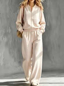 SHEIN Casual Baseball Collar Zip-Up Jacket & Drawstring Wide Leg Pants 2pcs Set For Women, Minimalist Solid Color Sporty Outfit - Apricot - View 3