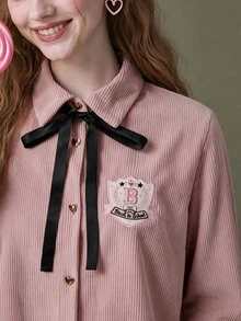 Elnivra 女款牛仔設計長袖繫帶領單排扣襯衫 - 粉色 - 查看 4