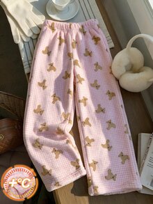 SHEIN 青少年女孩休閒運動長褲 Y2K 可愛 LOGO 熊圖案 刷毛加厚保暖 寬腿冬季穿搭 粉色與白色 舞者風 - 粉色 - 查看 3