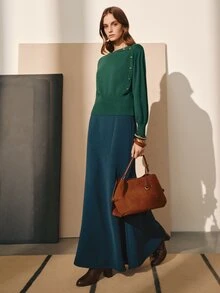 MOTF PREMIUM WOMEN'S HIGH WAIST SPLIT HEM SKIRT WITH BELT, FLARED SKIRT, AUTUMN/WINTER - Green - View 4