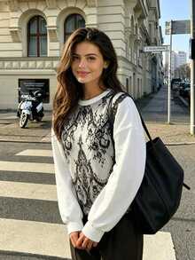 Anewsta Women's Lace Patchwork Casual Daily Long Sleeve Sweatshirt - White - View 4