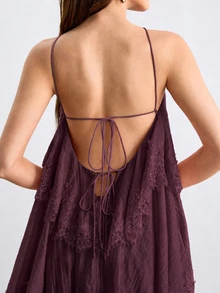 Willow Rêve Gaun Maxi Tencel Wanita dengan Tali Leher dan Hiasan Renda Bertingkat, Gaun Liburan Elegan - Purple - View 3