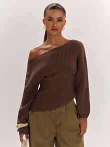 SHEIN BAE Autumn/Winter New Women's Fashion Versatile Elegant Chic Solid Color Knitted Fitted Ruched Casual Sweater - Brown - View 4