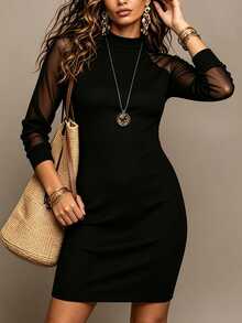 LUMIGAL Vestido de moda ajustado de manga larga con malla de contraste de unicolor para mujer - Negro - Ver 3