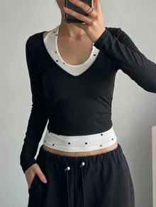 DAZY 女款夏季方領拼色拼接二合一性感休閒細肩帶背心上衣 - 黑與白 - 查看 4