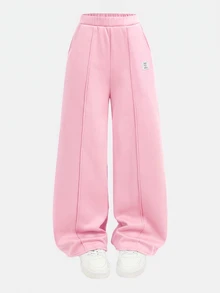 SHEIN Girlism 2件組青少年女孩純色棕色冬季休閒度假返校復古寬鬆圖案秋季連帽衛衣與運動長褲保暖運動套裝 - 粉色 - 查看 12
