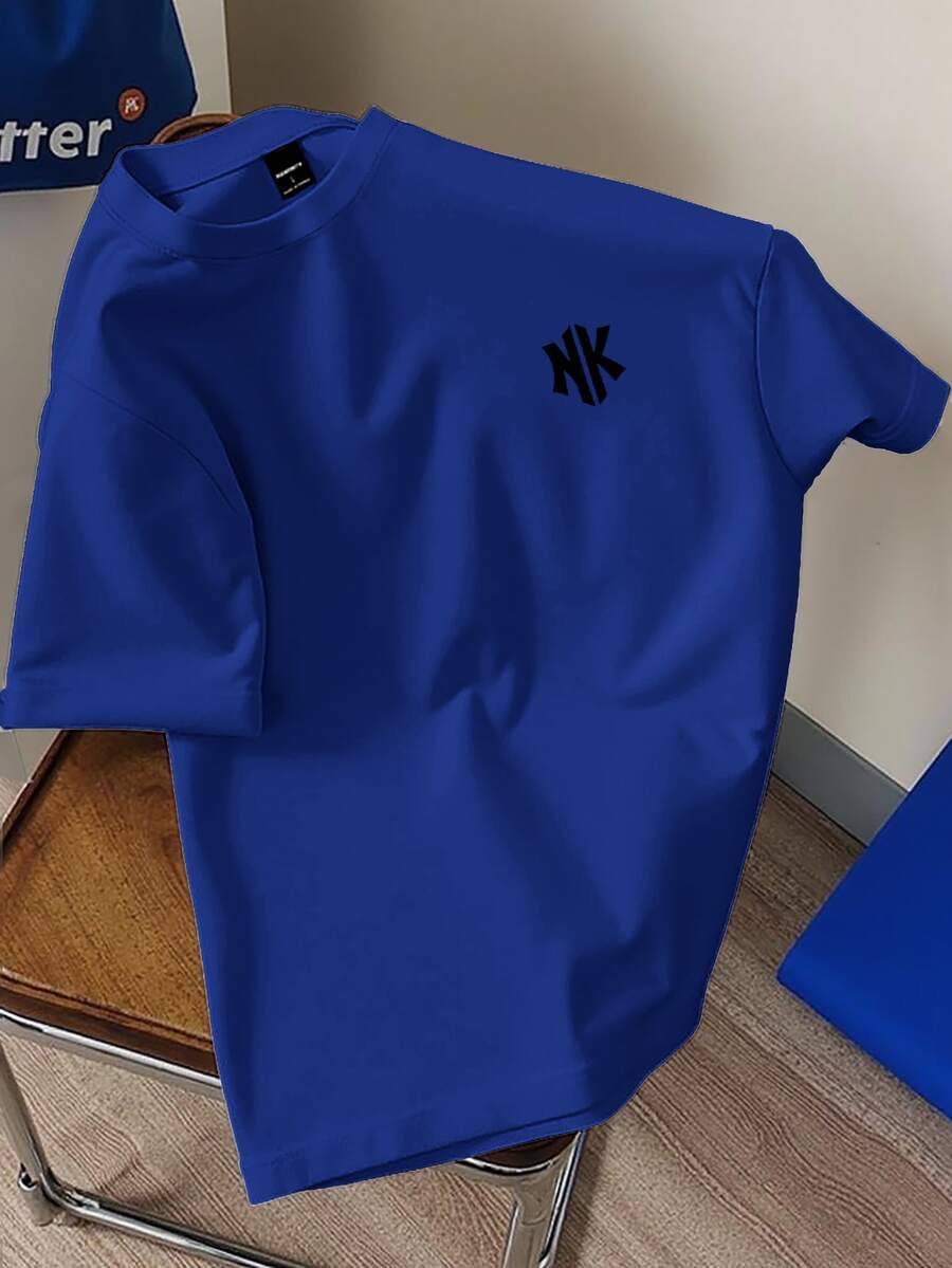 Manfinity Hypemode Men's Classic Casual Versatile NK Letter Print Colorful Short Sleeve T-Shirt, Minimalist Fashion NK Print Short Sleeve Top - Blue - View 1