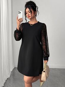 SHEIN Elenzya Black Wide Sleeve Embroidered Design Plus Size Dress - Black - View 4