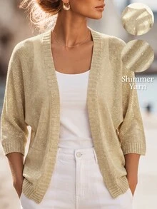 Sprig & Strand 春夏新款純色亮面休閒慵懶薄款女款優雅開襟衫，適合度假、海灘、派對、音樂節 - 卡其色 - 查看 1