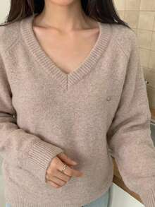 DAZY Solid Color Loose Long Sleeve V-Neck Casual Daily Vacation Korean Style Autumn/Winter Pullover Thick Knit Sweater For Women - Apricot - View 4