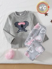 Girls' Koala Embroidery & Heart Print Long Sleeve Plush Pajama Set, Fleece Lounge Wear - Baby Blue - View 2