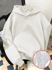 青少年女孩秋冬黑色寬鬆連帽長袖套頭衛衣，背面大翅膀水鑽裝飾，休閒百搭街頭風上衣，適合日常穿著、學校與聚會 - 白色 - 查看 2